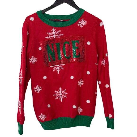 Ugly Christmas Sweater Red Green Sequin Change Naughty Nice Pullover Sweater M - Picture 10 of 11